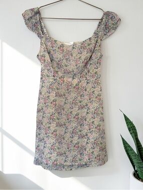 Altar'd State Cream Floral Mini Dress with Pink and Green Accents